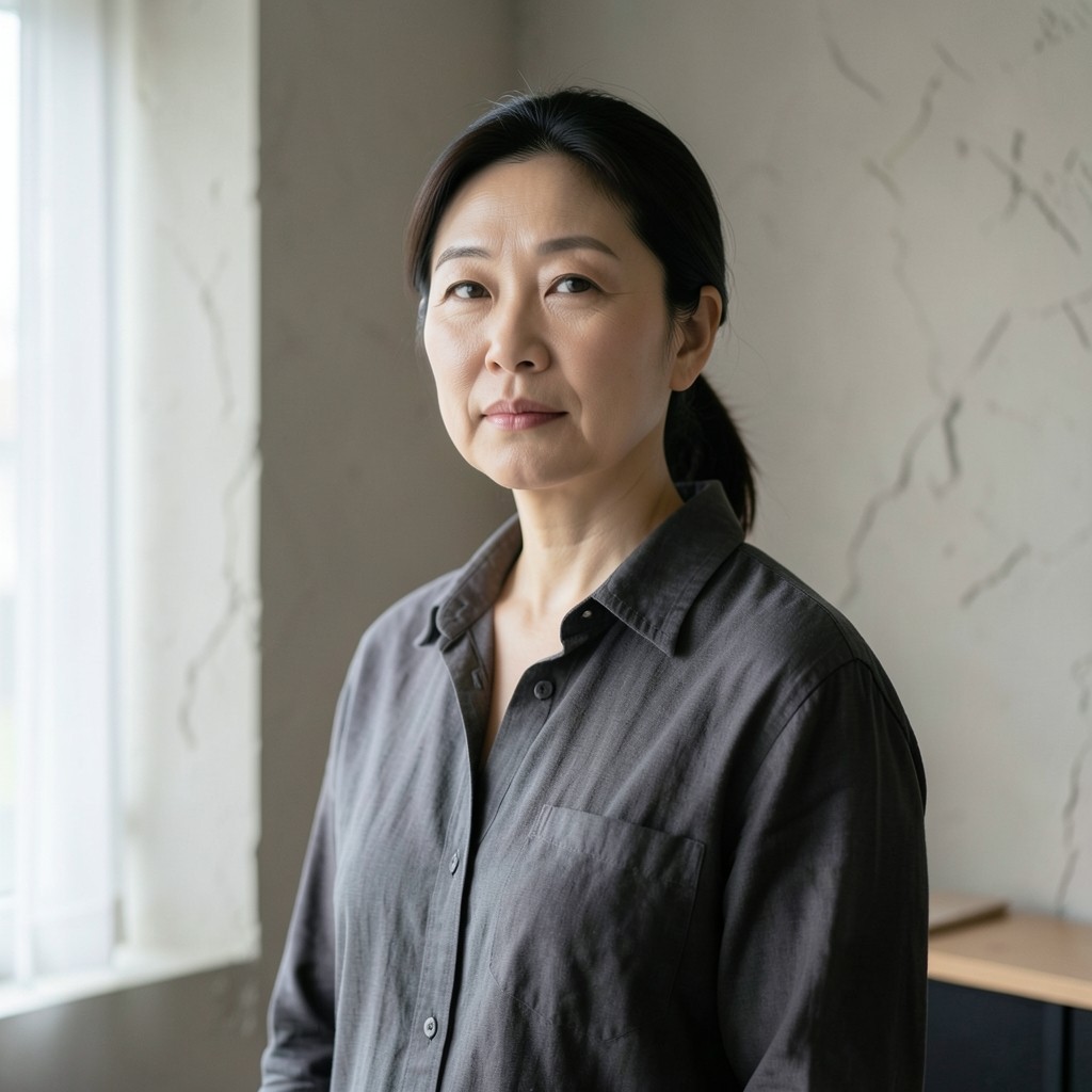 정읍 작업실 회벽 앞에 선 측정 담당 한서연의 상반신