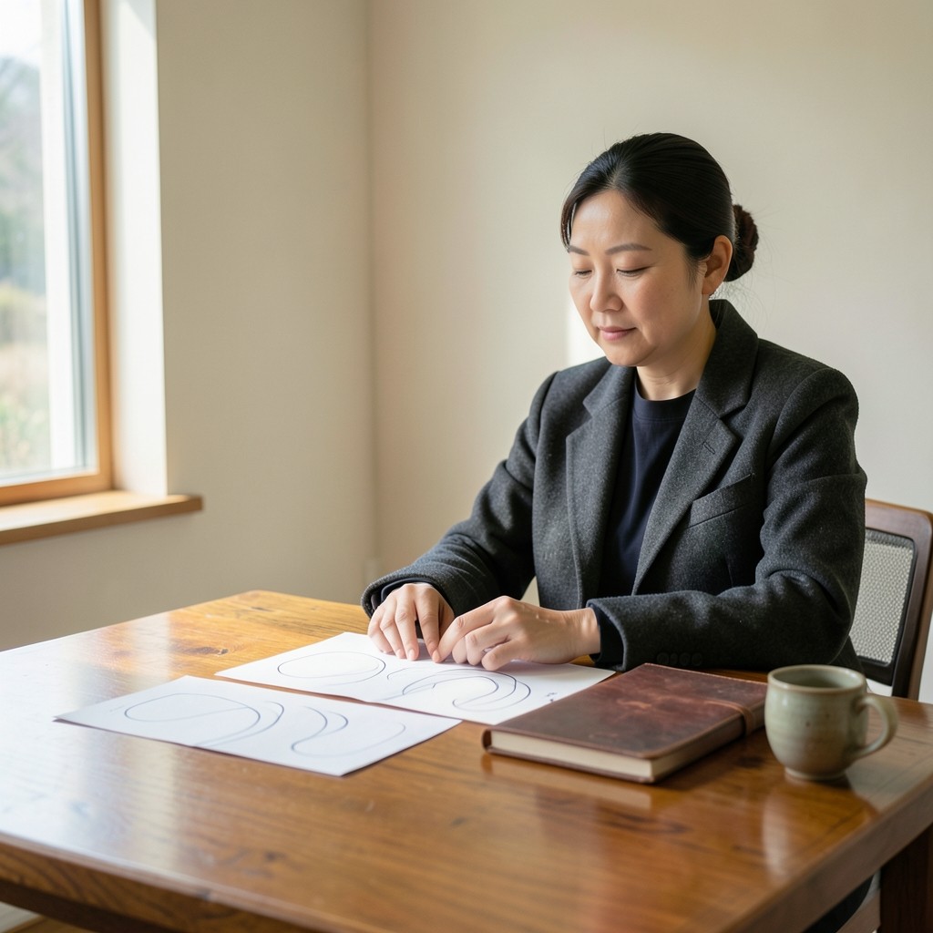 정읍 작업실에서 인쇄된 곡선과 노트를 두고 앉아 있는 사람