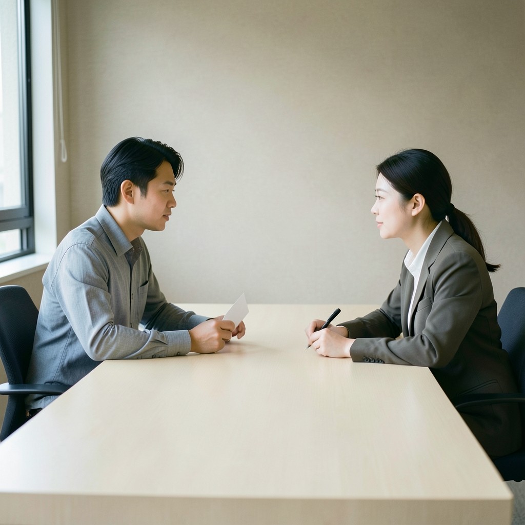 창가 회의 탁자에서 빈 색인을 사이에 두고 마주 앉은 두 사람