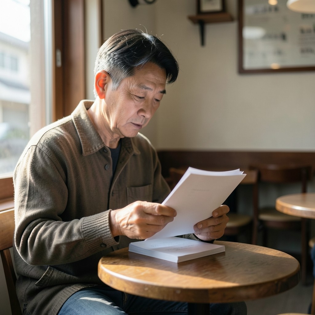 조용한 카페 구석에서 글이 보이지 않게 넘긴 보고서 묶음을 읽는 사람