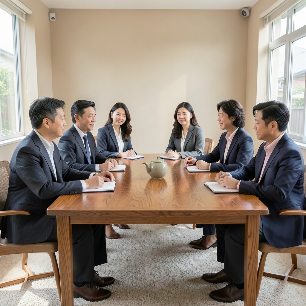 밝은 회의실에서 노트북을 덮어 둔 채 나무 탁자에 앉은 여섯 사람
